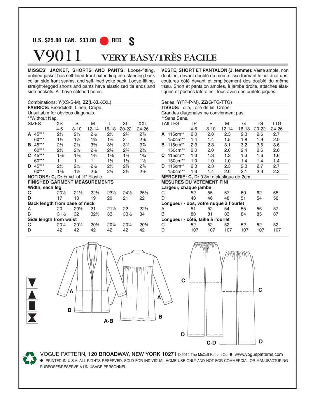 Vogue Sewing Pattern V9011 Unlined Jacket for Women