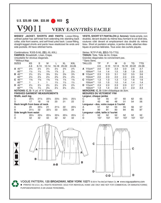 Vogue Sewing Pattern V9011 Unlined Jacket for Women