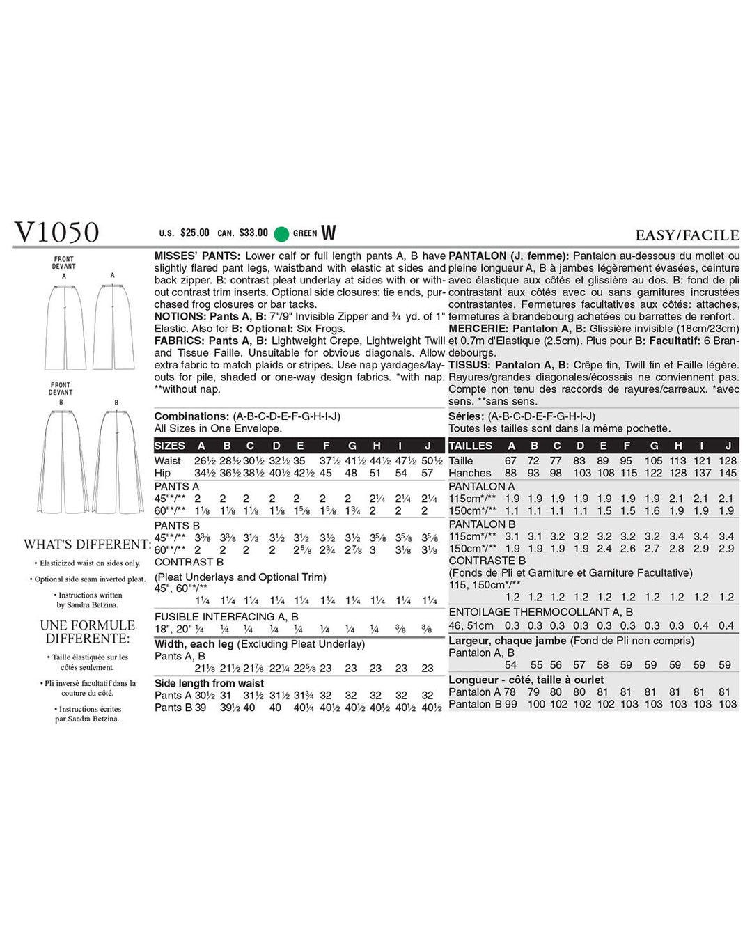 Vogue Schnittmuster V1050 – Damen Schlaghose von Sandra Betzina