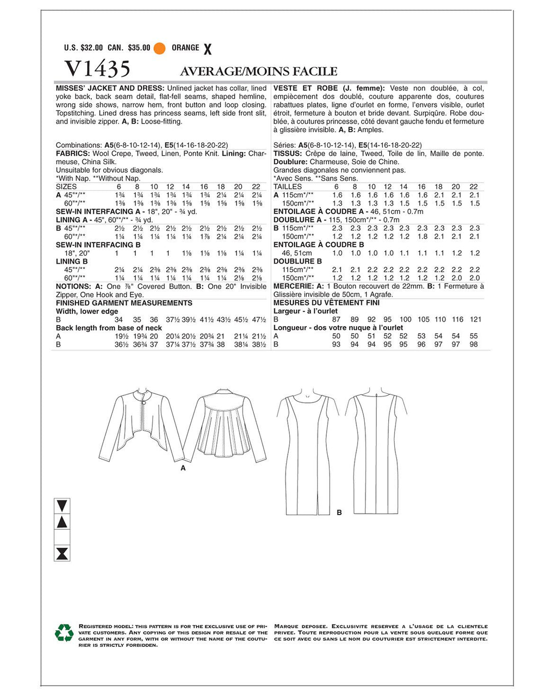 Vogue Schnittmuster V1435 – Damen Jacke & Kleid von Tom & Linda Platt