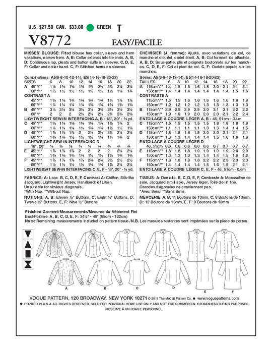 Vogue sewing pattern V8772 ladies' blouse
