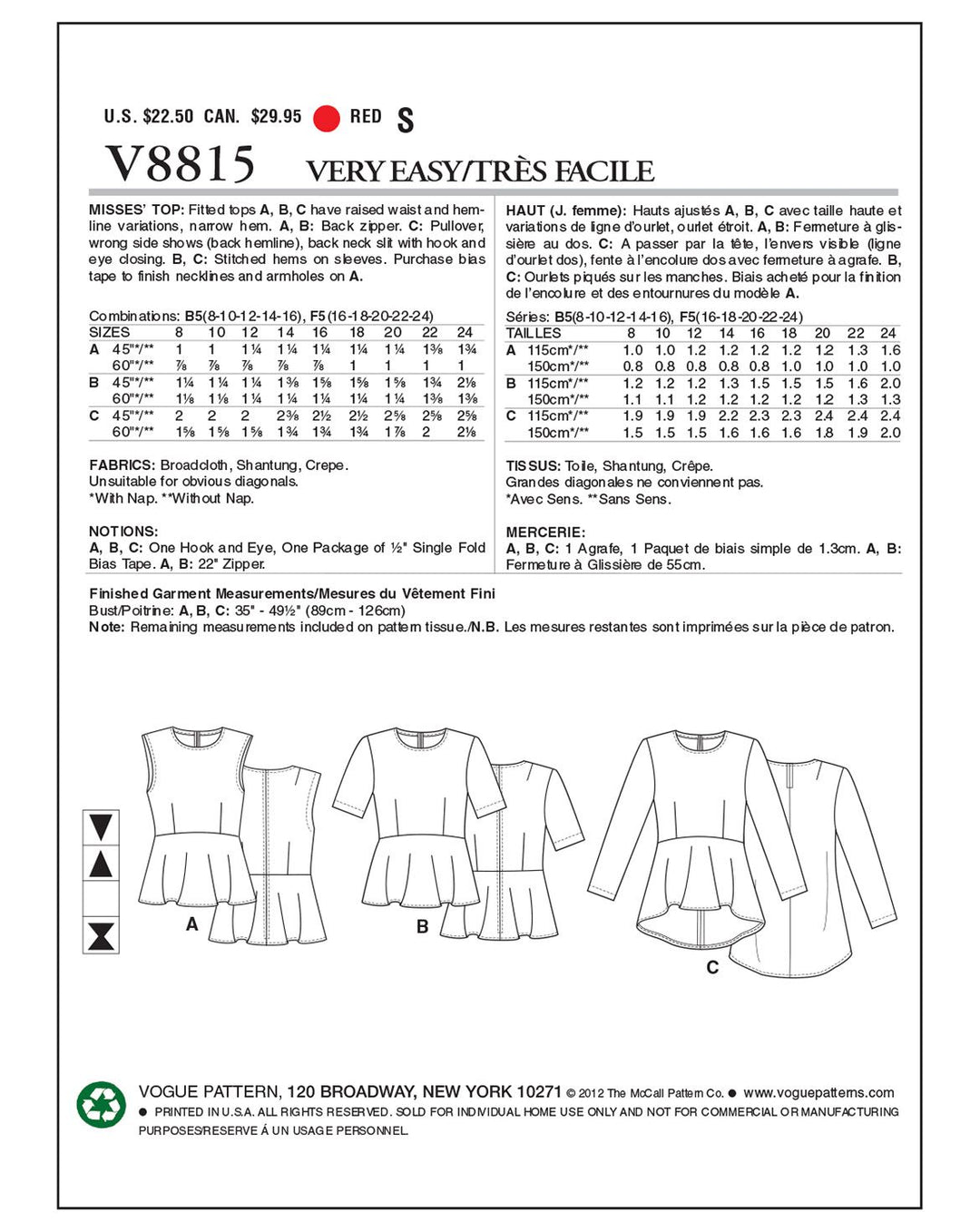 Vogue Schnittmuster V8815 – Damen Oberteil mit taillierter Passform