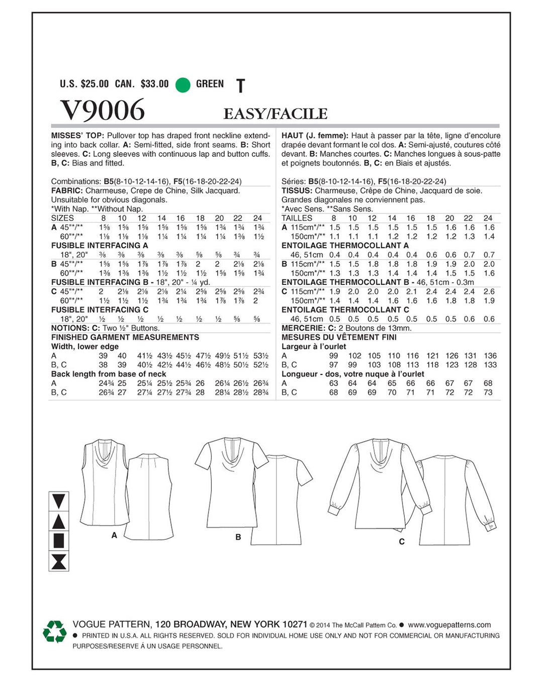 Vogue sewing pattern V9006 women's top