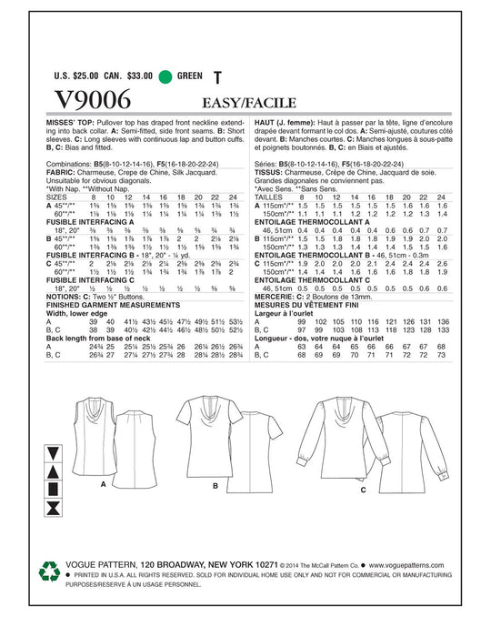 Vogue sewing pattern V9006 women's top