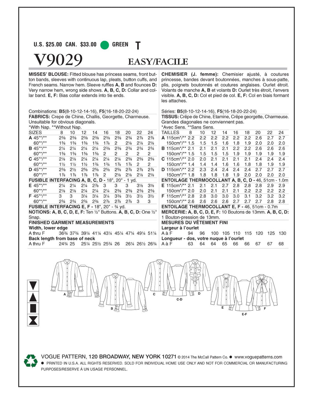 Vogue Schnittmuster V9029 – Damen Bluse mit Kragenvarianten und Rüschenärmeln