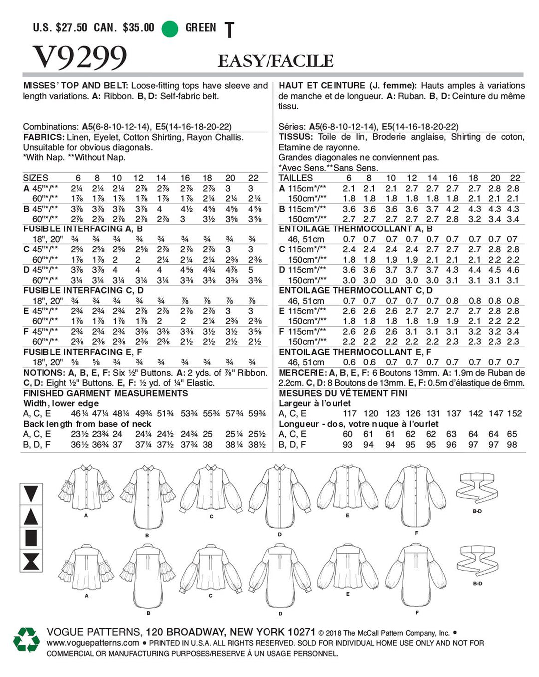 Vogue sewing pattern V9243 women's top