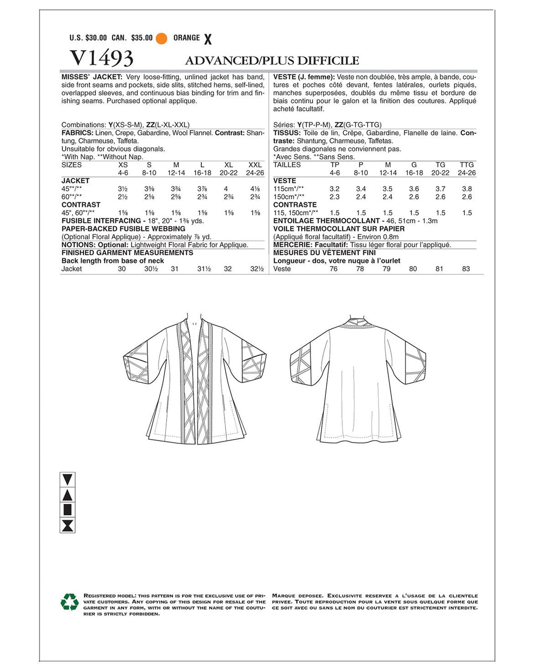 Vogue Schnittmuster V1493 stylische Jacke entworfen von Koos van den Akker
