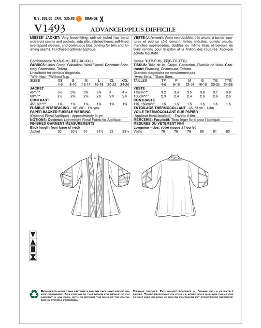 Vogue Schnittmuster V1493 stylische Jacke entworfen von Koos van den Akker