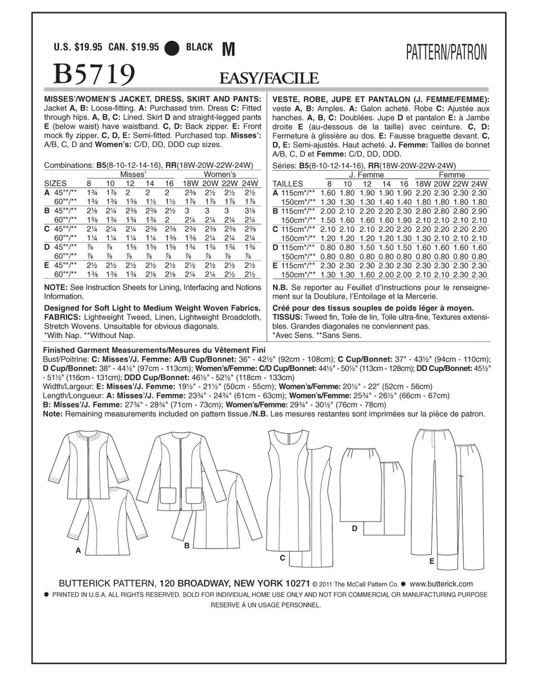 Butterick Schnittmuster B5719 – Damen Blazer, Etuikleid, Rock & Hose