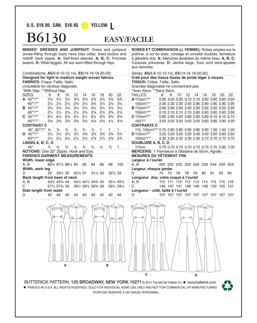 Butterick sewing pattern B6130 women's jumpsuit