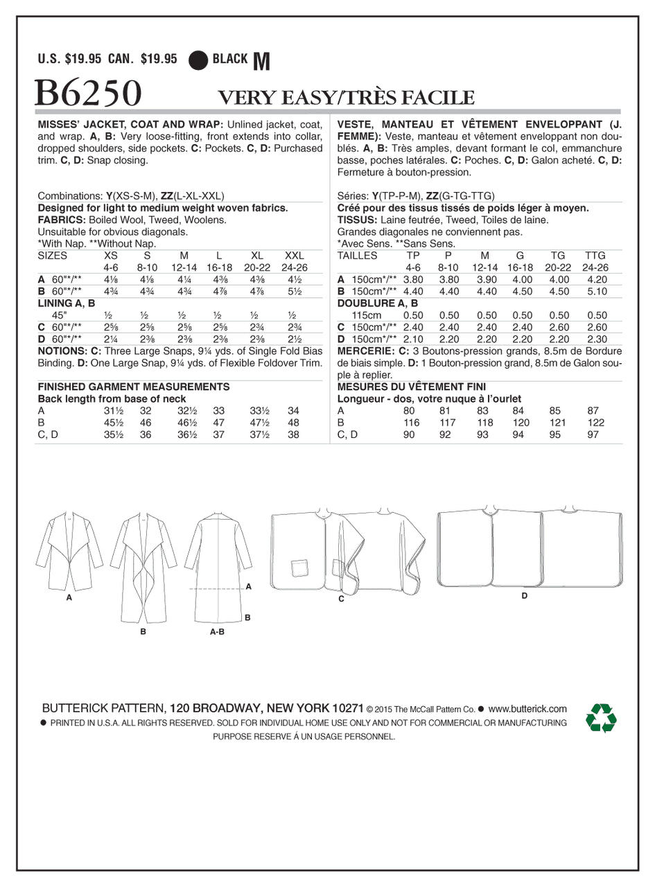 Patron de couture Butterick B6250, veste, manteau ou cape pour femme