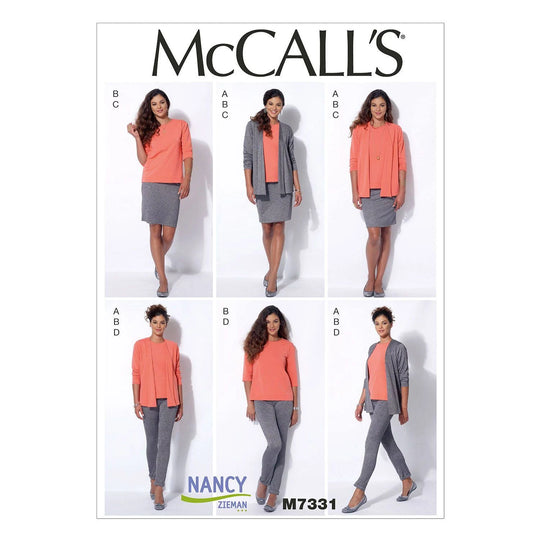 McCalls Patrons M7331 Cardigan Décontracté T-Shirt Jupe Crayon Legging Femme Nancy Zieman