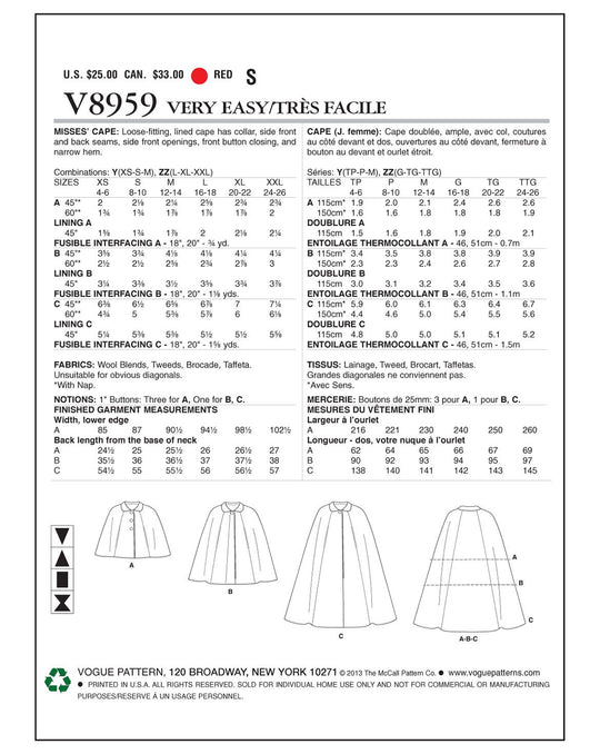 Vogue Schnittmuster V8959 – Damen gefüttertes Cape mit Kragen