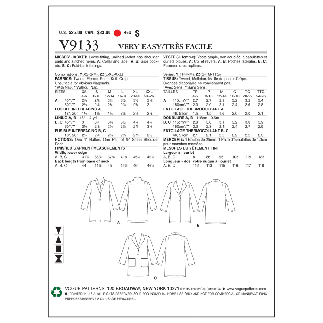 Vogue Patrons V9133 Veste pour femme