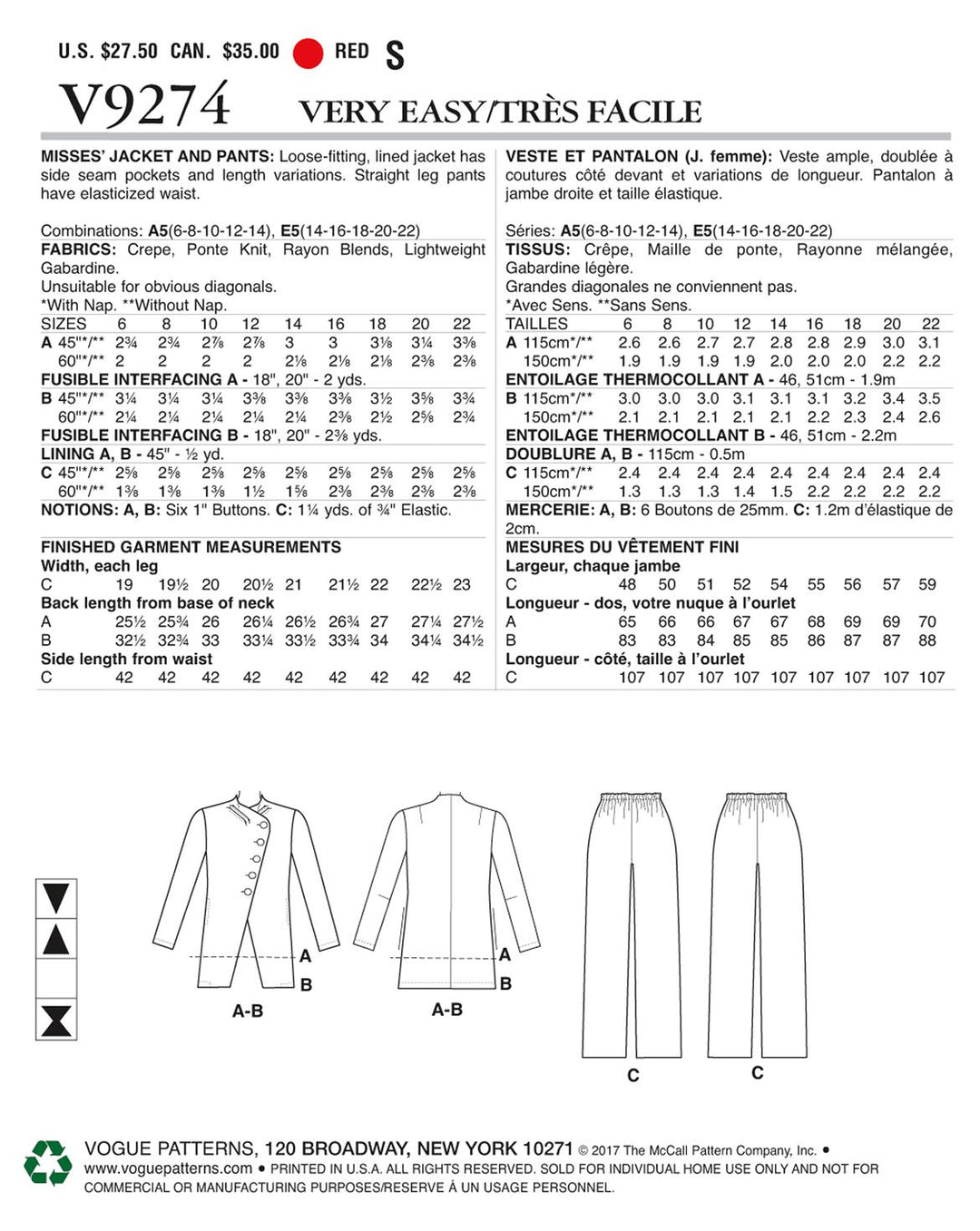 Vogue Patron de couture V9274 Veste asymétrique et pantalon pour femme