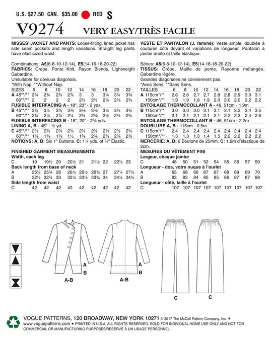 Vogue Patron de couture V9274 Veste asymétrique et pantalon pour femme